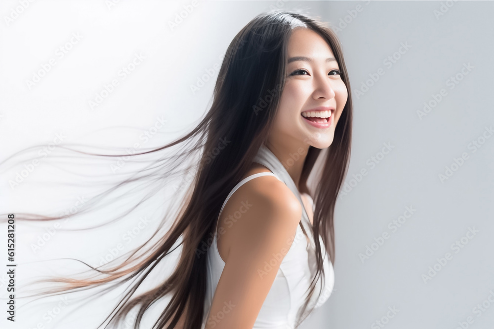 Poster charming asian teenager with long hair blowing in the breeze exudes positivity with a bright smile o