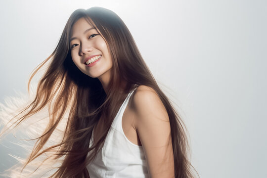 Charming Asian teenager with long hair blowing in the breeze exudes positivity with a bright smile on a white background.