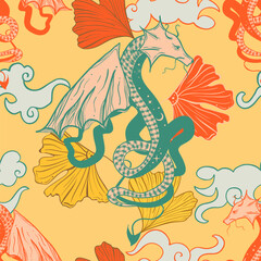 Retro chinese background with dragon. Vintage oriental style. Seamless pattern for textile and decoration