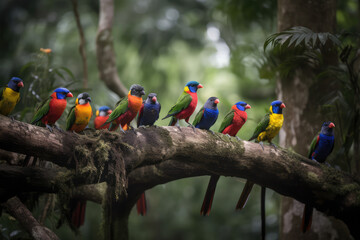 colorful tropical birds perched on branches, showcasing their bright feathers and diversity of species, generative AI