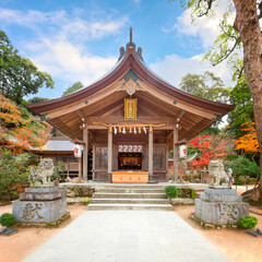 Fukuoka, Japan - Nov 30 2022: Homangu Kamado shrine located at Mt. Homan, venerated from ancient times as a sacred mountain, the shrine probably the inspiration for Kimetsu no Yaiba: Demon Slayer
