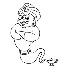 Funny genie cartoon characters vector illustration. For kids coloring book.