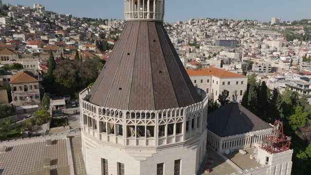 Close aerial of dome atop Church of the Annunciation in Nazareth, ISR