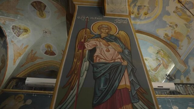 Art pillars, frescos in Greek Orthodox Church of Annunciation Nazareth
