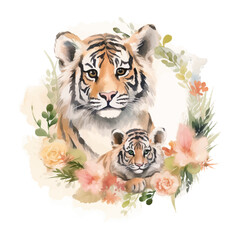 Cute mother and baby tiger cartoon in watercolor painting style