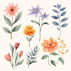 Watercolor pattern of delicate leaves and flower. generative AI image.