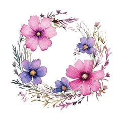 Watercolor Wreath of delicate leaves and flower. generative AI image.