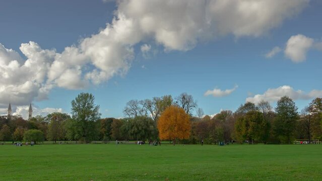 sunny day munich cityscape famous central park panorama 4k timelapse germany
