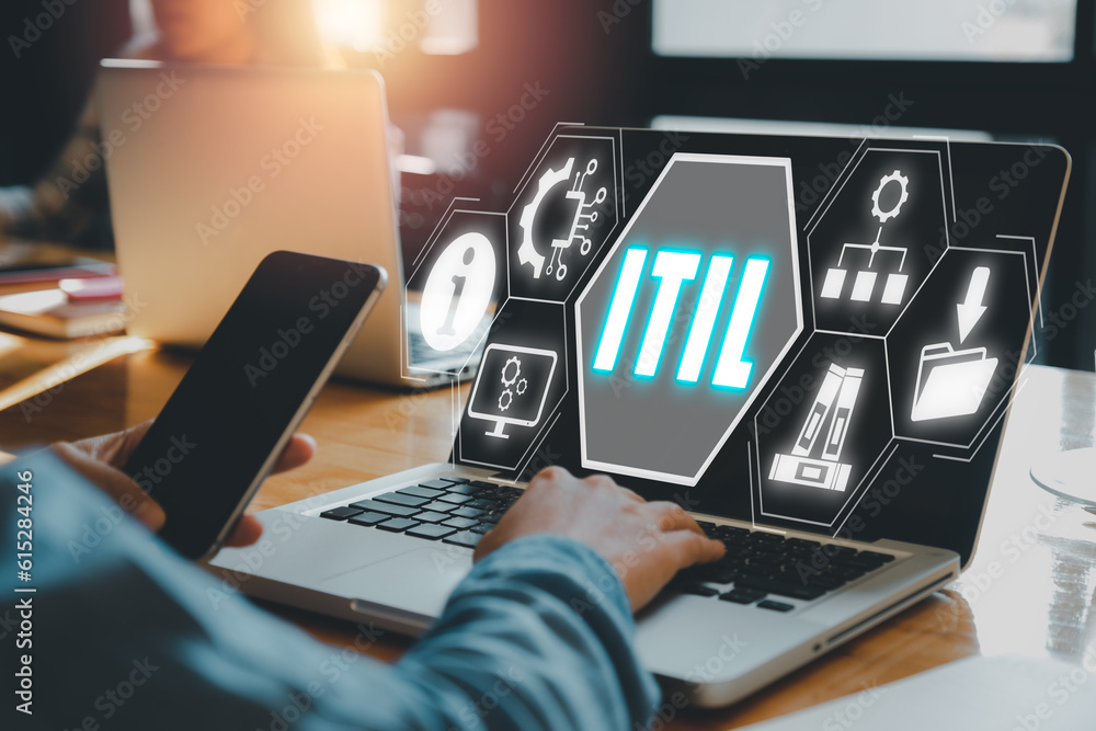 Poster itil, information technology infrastructure library concept, person working on laptop computer with 