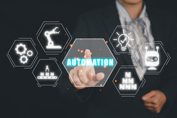Automation business technology concept, Person hand touching automation technology icon on VR screen, software development, Business process and technology.