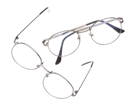 Working smart Fashion Glasses fly in air showing many angle rotated. Fashion trend glasses for confident work and beautiful wearing is good for shape of head. White background isolated