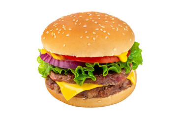 Classic beef cheese burger isolated on white background.