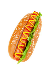 classic hot dog with ketchup and mustard isolated on white background.