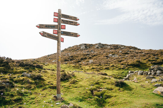 Signpost in the pyrenees on the way to santiago, spain