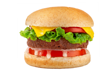 plant-based meat burger made with vegetarian ingredients on white background.