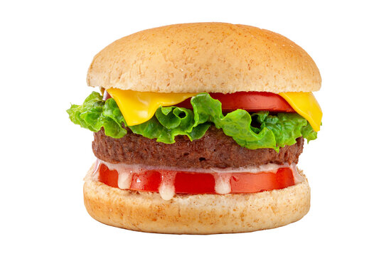 plant-based meat burger made with vegetarian ingredients on white background.