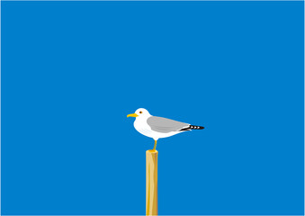 青空の下、杭に止まっている一羽のカモメのイラスト