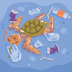 turtle swimming in the sea with plastics