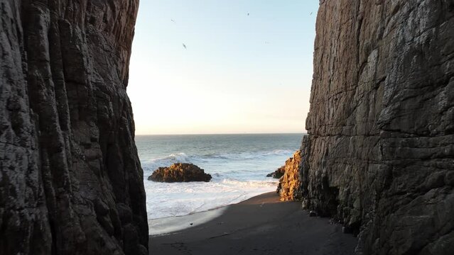 Large rocks natural monument Piedra de Iglecia Church stone on Chilean coast in Constitucion in sunset