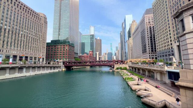 Typical view in Chicago Downtown with Chicago River - USA travel photography