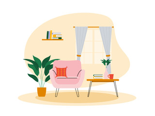 Living room interior vector design. Modern furniture living room interior