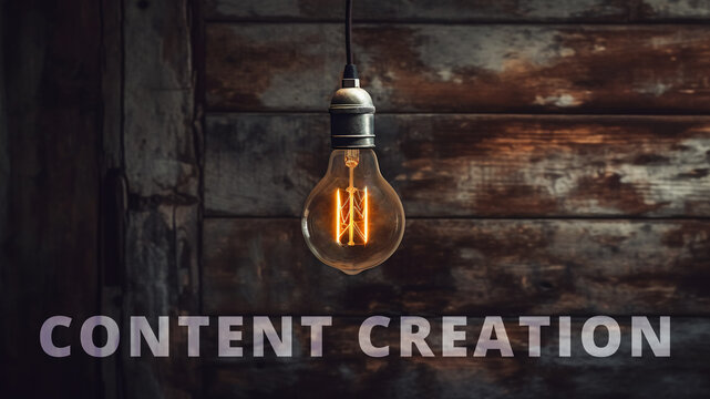 Illustration of a retro light bulb in front of a rustic background with text "content creation" on it