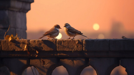 Two birds sitting on a wall in a romantic mode, Generative AI