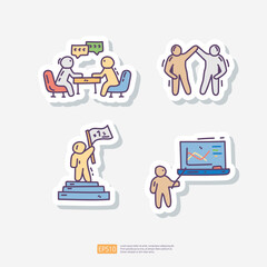 Team Work. Contains team goal, motivation, working group, management, collaboration, cooperation. Hand drawn doodle sticker icon set vector illustration