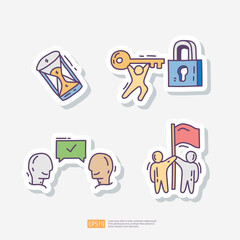 Team Work. Contains team goal, motivation, working group, management, collaboration, cooperation. Hand drawn doodle sticker icon set vector illustration