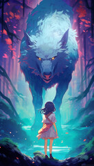 Generative AI Illustration of a little girl with a wolf in the forest.