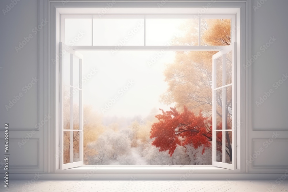 Poster a large window with a view of the winter landscape. generative ai