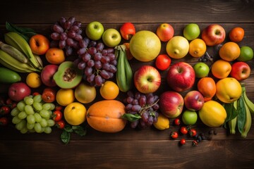 Fototapeta na wymiar Fruits and vegetables on a wooden background. Healthy eating concept. Generative AI