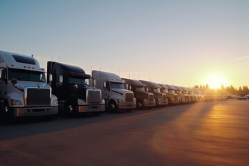 Obraz premium Trucks in a row on the road at sunset. Transport and logistics concept, Generative AI