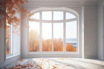 Empty room with large window and autumn trees. Generative AI