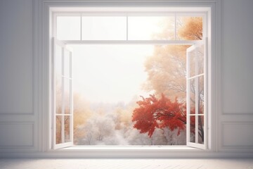 A large window with a view of the winter landscape. Generative AI
