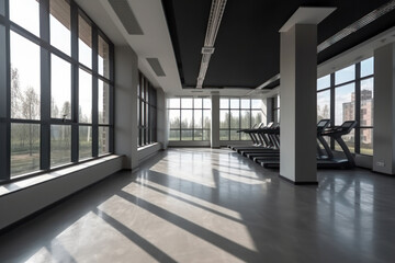 interior of modern fitness hall with row of exercise bikes, nobody inside, Generative AI