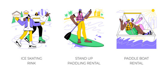 Active sport in city park isolated cartoon vector illustrations set. Ice skating rink, stand up paddling rental, paddle boat rental, urban winter sports, active sport training vector cartoon.