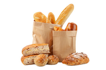 two paper bags with different breads isolated on white background.