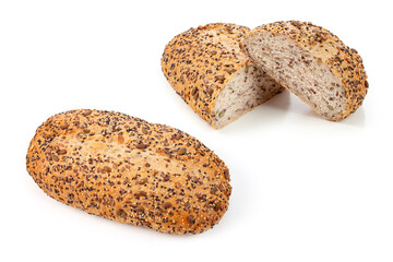 whole and half cut multi-grain bread isolated on white background.