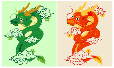 Naklejka premium set of cartoon dragons, chinese new year, lunar