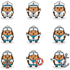 Funny Hedgehog sailors set. Cute Hedgehog characters in captain cap cartoon vector illustration.