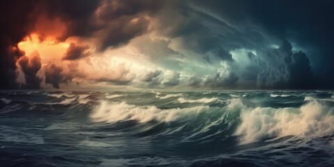 Obraz premium Beautiful storm clouds over ocean shore. Hurricane approaches. Abstract thunder and lightning