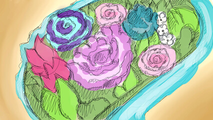hand-drawn with a brush abstract bouquet of flowers in sketching style