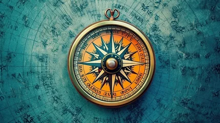 Fotobehang Old compass on vintage map. Retro stale. Making a decision, choosing a direction © PaulShlykov