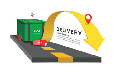 rectangular green food box or bag on road with red buy order button and there is a yellow arrow soaring forward along red pin that indicates customer's coordinates