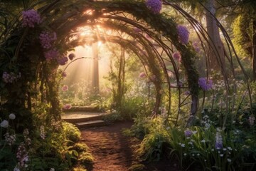 A mystical portal surrounded by blooming flower arches leading to an enchanting secret garden. Generative AI