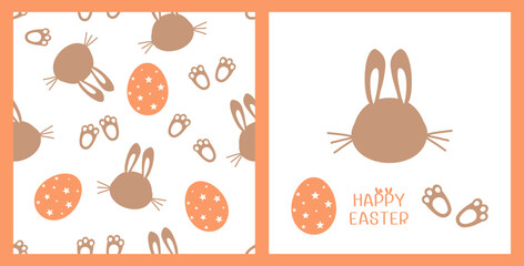 Happy Easter seamless pattern with brown bunny cartoons, eggs and foot on white background. Rabbit face, Easter egg, rabbit's feet and hand written font vector illustration.