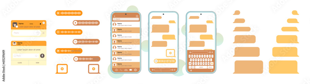 Poster Concept of a pop-up message on messenger shows a mobile screen with a chat dialogue box displaying text messages exchanged between two users. Vector.