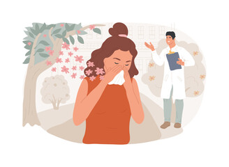 Seasonal allergy isolated concept vector illustration. Pollen allergy immunotherapy, allergic disease diagnostics, seasonal allergy test, nasal congestion, specialist counseling vector concept. - 615291695