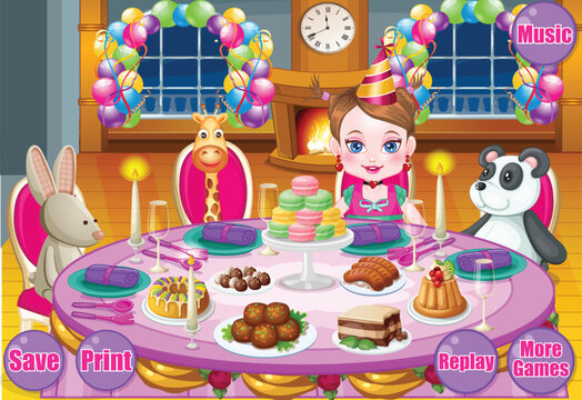 Vector baby girl birthday party with stuffed animal toys and colorful balloons